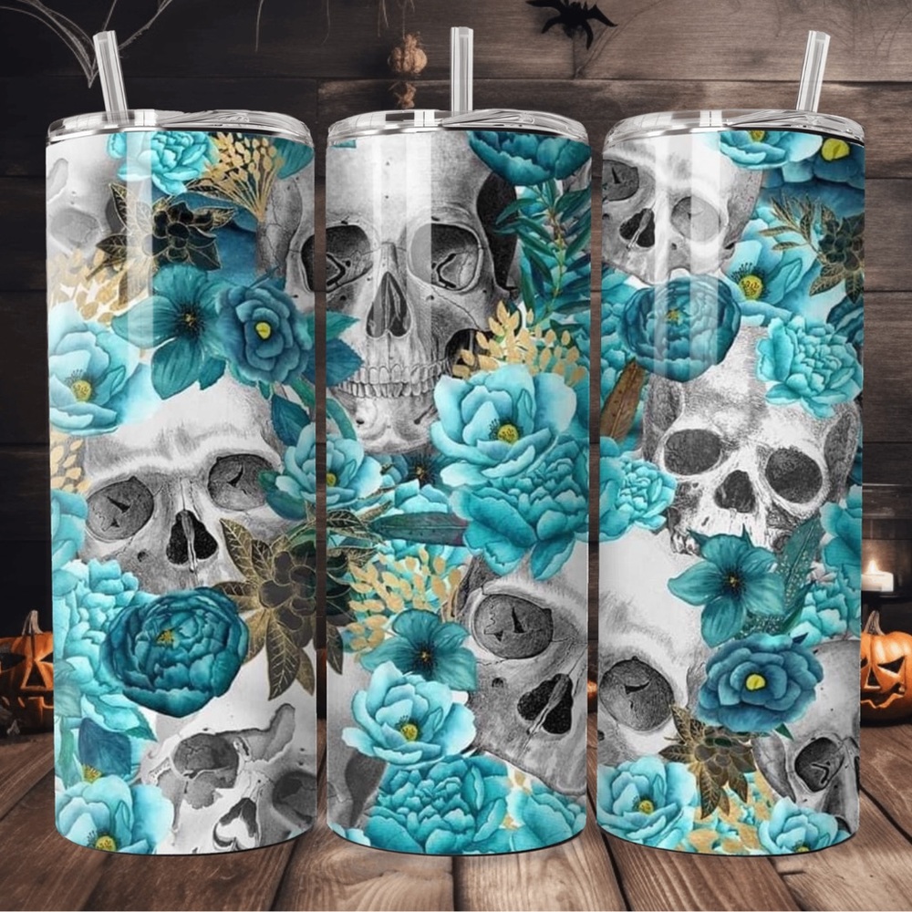 Hand crafted Skull with blue roses 20oz skinny tumbler